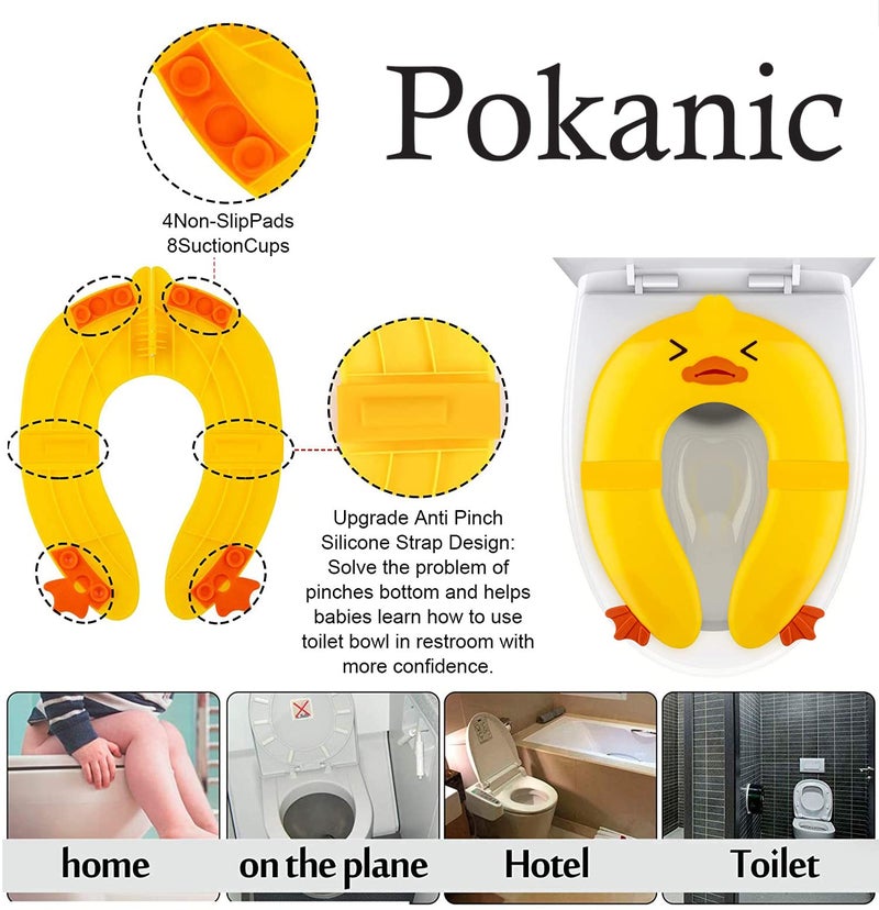 POKANIC Toilet Potty Training Seat Cover, Travel Toilet Seat, Folding Non Slip Silicone Pads, Travel Portable Reusable Kids Toddlers Boys Girls, Carry Bag (Yellow - Duck) - Image 2
